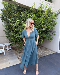 Korbela Dress Deep Green | Women's Linen Midi Dress