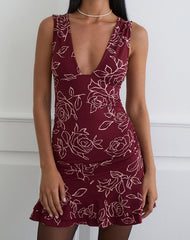 Lanai Mini Dress in Outline Rose Maroon