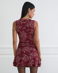 Lanai Mini Dress in Outline Rose Maroon