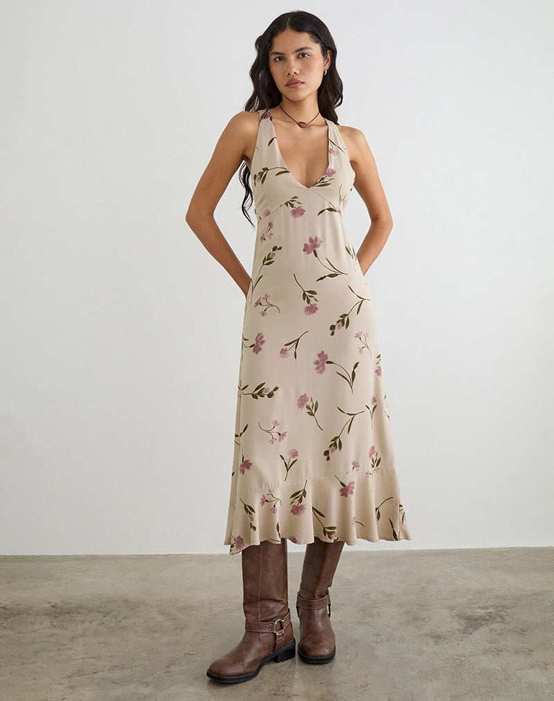 Lisandy Midi Dress in Bloom Leafy Taupe