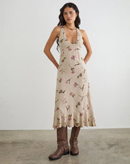 Lisandy Midi Dress in Bloom Leafy Taupe