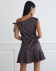 Maribel Mini Dress in Black Satin Scattered with Pink Polka