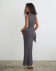 Mawa Maxi Dress in Brown with Compact Blue Polka Dots