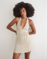 Mayeira Halterneck Mini Dress in Tilt Lines Beige