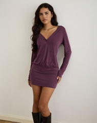Mihiro Plunge Mini Dress in Cupro Deep Purple