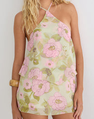 Milaya Mini Dress in Chiffon Ruffle Floral Sage