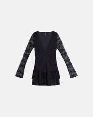 Mishal Long Sleeve Plunge Mini Dress in Lace Black