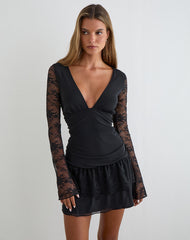 Mishal Long Sleeve Plunge Mini Dress in Lace Black