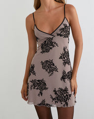 Musetti Mini Dress in Taupe Grey with Bold Floral Flock