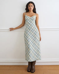 Naska Maxi Dress in Chiffon Vintage Blue Check
