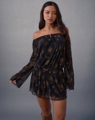 Nisha Long Sleeve Mini Dress in Black with Bronze Shimmer