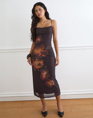 Nori Midi Dress in Brown with Orange Vibrant Lotus Print