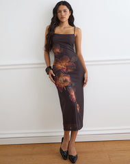 Nori Midi Dress in Brown with Orange Vibrant Lotus Print