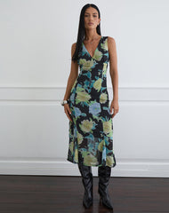 Olydia Midi Dress in Black Chiffon with Crystal Flower Print