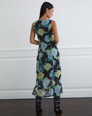 Olydia Midi Dress in Black Chiffon with Crystal Flower Print