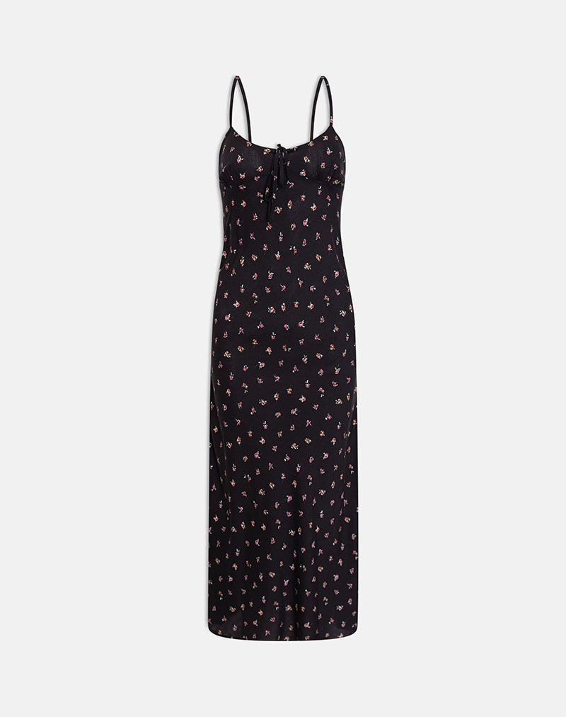 Posine Maxi Dress in Black with Red Rose Ditsy Print