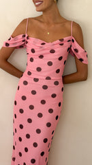Mairi Maxi Dress - Pink / Brown Polka