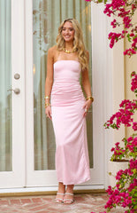 Pink Bloom Satin Strapless Maxi Dress