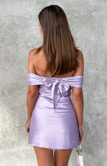 Primrose Purple Satin Off the Shoulder Mini Dress