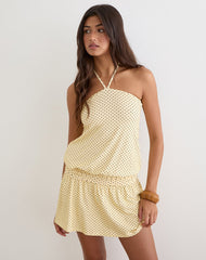 Ramira Drop Waist Mini Dress in Butter Yellow with Micro Polka Dots