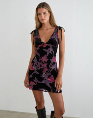 Rosmila Mini Dress in Black with Floral Devore Print