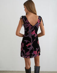 Rosmila Mini Dress in Black with Floral Devore Print