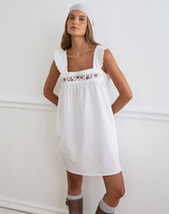 Sanaly Mini Dress in Poplin White with Cherry Blossom Embroidery