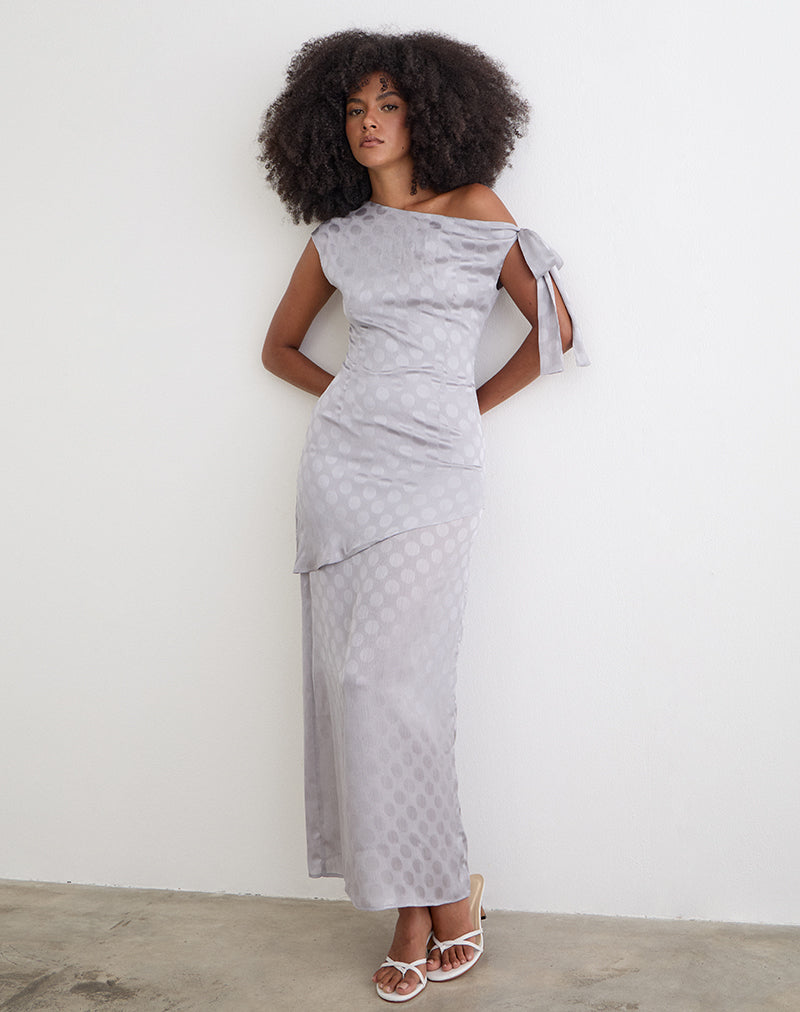 Sardian Maxi Dress in Chiffon Monochrome Silver Grey Polka