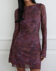 Sevila Long Sleeve Mini Dress in Mesh Blurry Floral Burgundy