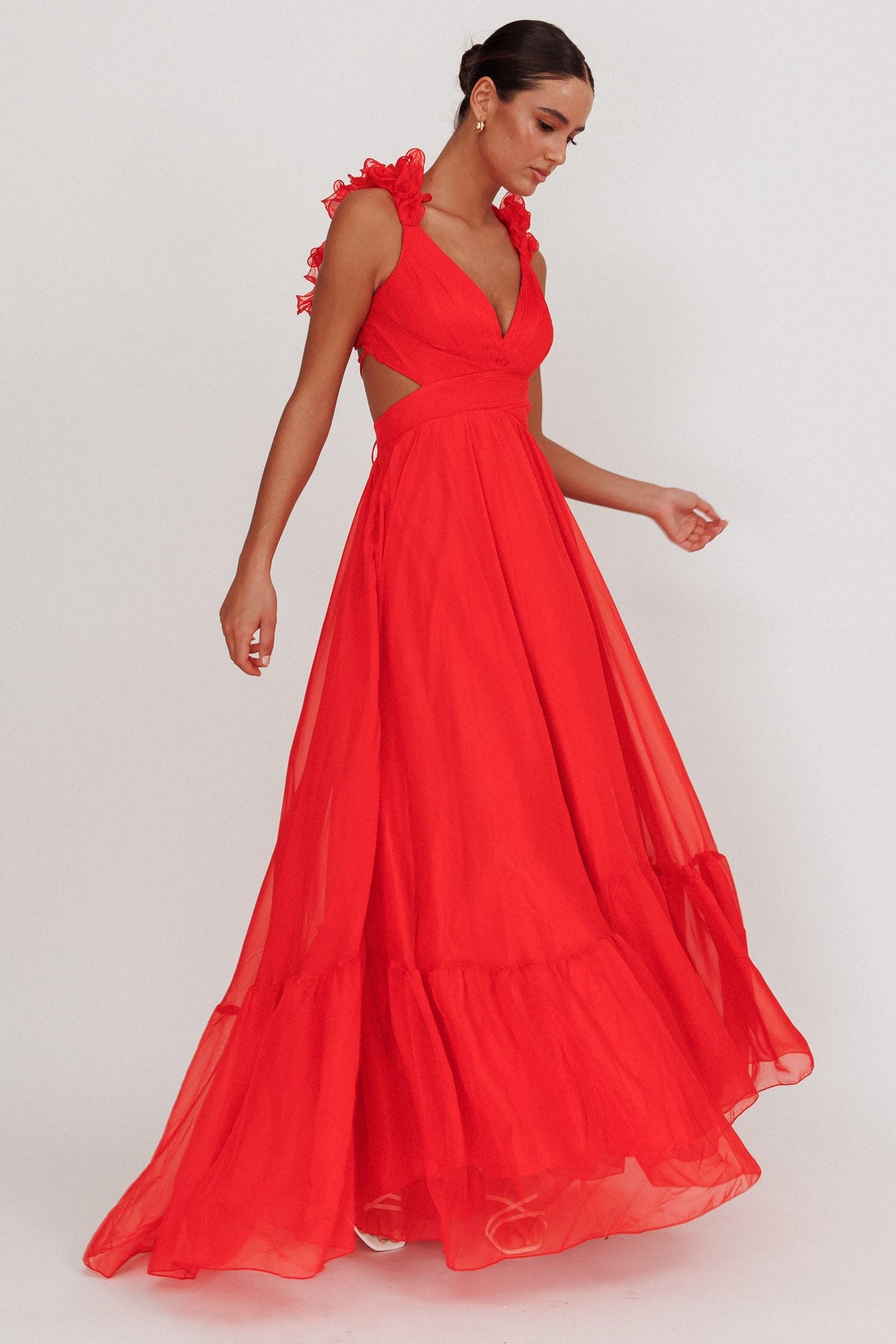 Bellamy Lace-Up Back Ruffle Maxi Dress Red