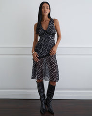Sovira Midi Dress in Chiffon Black with Tiny Polka Print