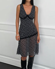 Sovira Midi Dress in Chiffon Black with Tiny Polka Print