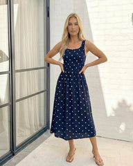 Torrance Dress Navy Spot | Women's Polka Dot Shirred Midi Dress