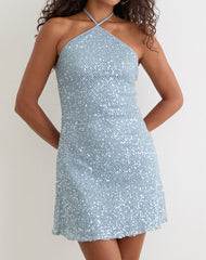 Urlanda Dress in Seafoam Sequin Knit Blue