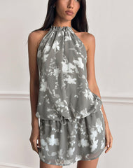 Veloria Halterneck Mini Dress in Blurred Floral Grey