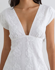Yenna Plunge Mini Dress in Floral Lace White