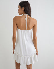 Yvelise Mini Dress in Crinkle Off White with Beads