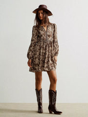 Plus Size Printed Notched Long Sleeve Dress