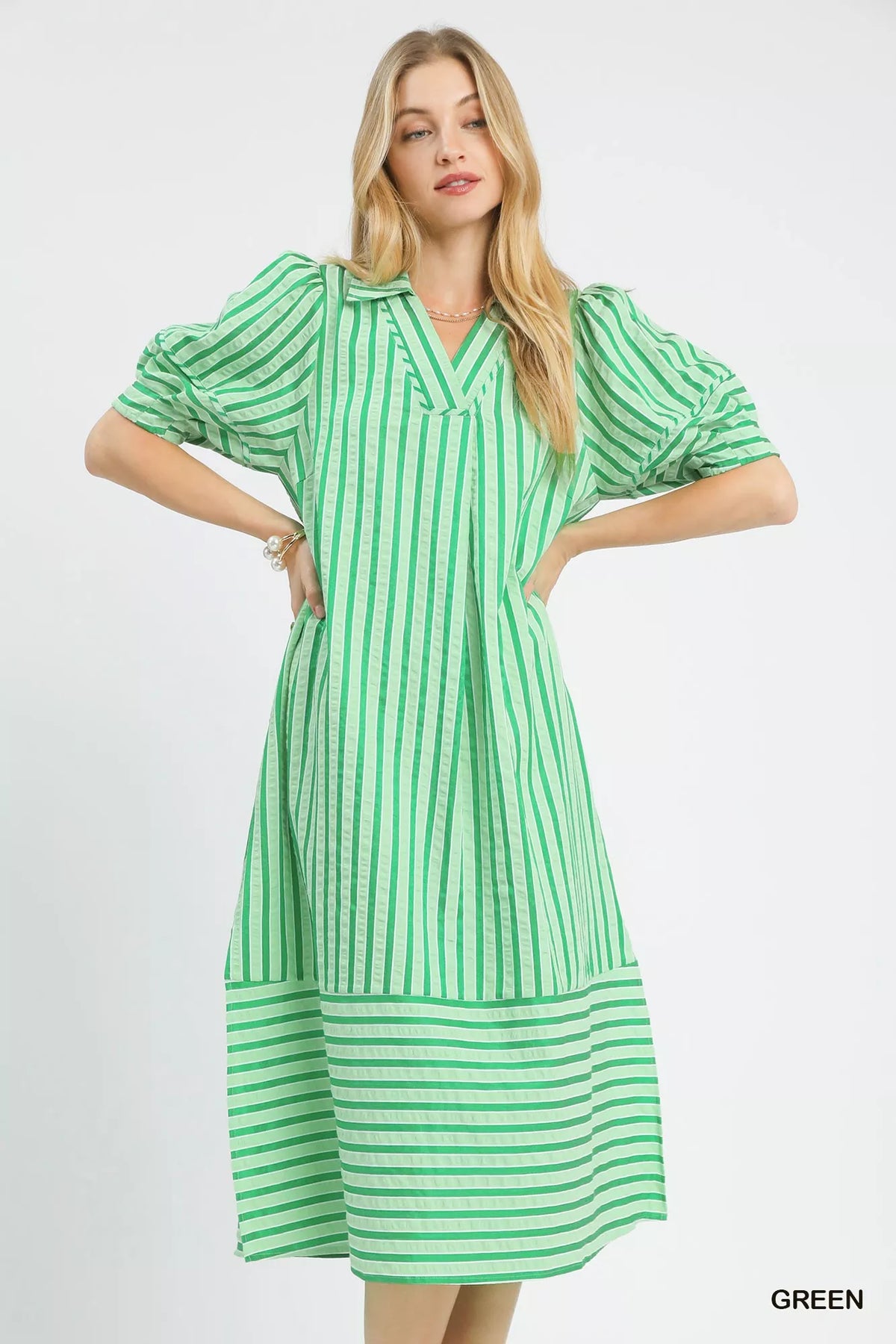 Umgee Striped Puff Sleeve Midi Dress