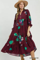 Umgee Floral Print Tiered Midi Dress with Puff Sleeves