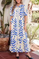 Leafy Botanical Print Side Tie Button Down Maxi Dress