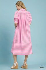 Umgee Striped Puff Sleeve Midi Dress
