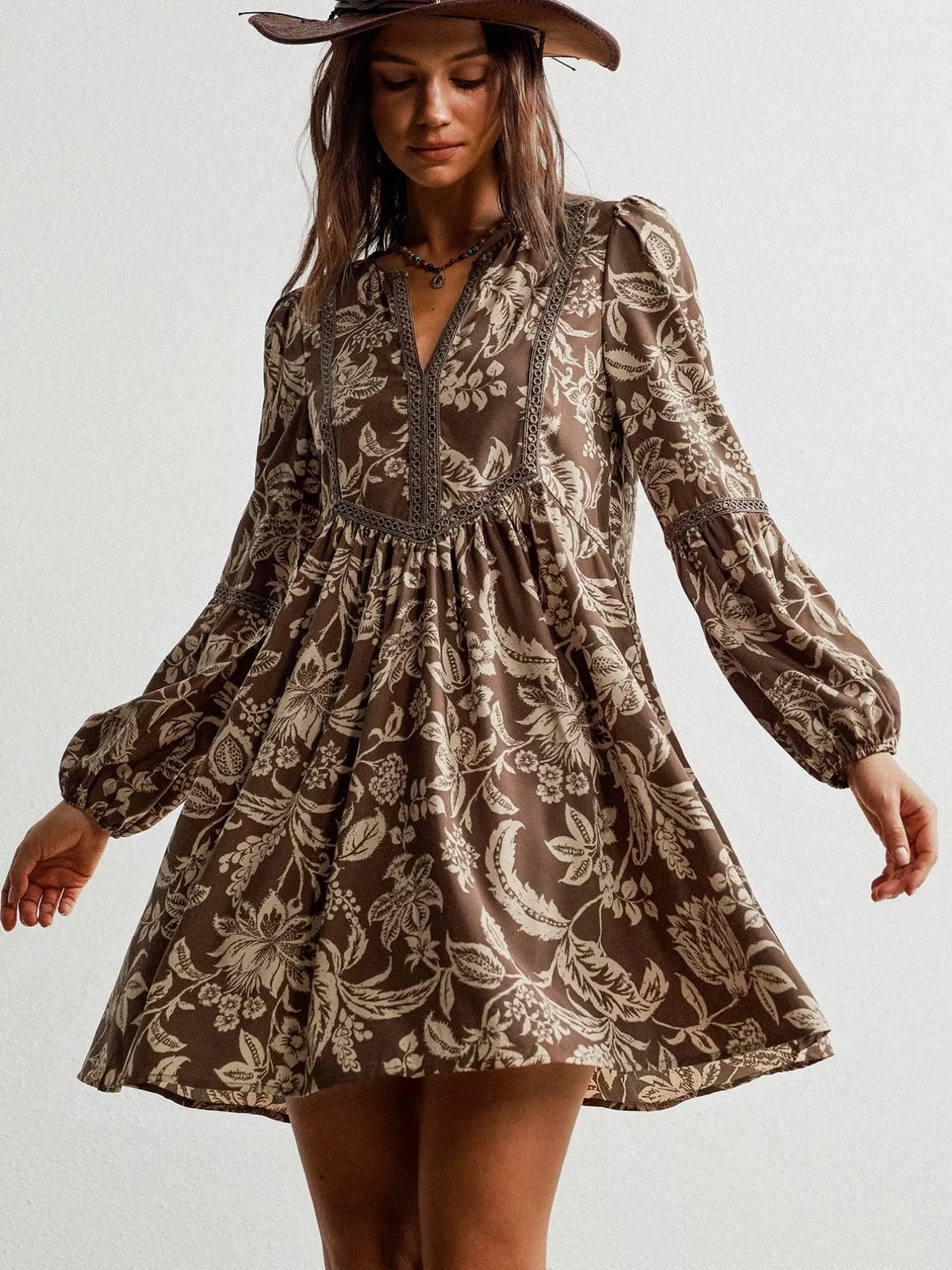 Plus Size Printed Notched Long Sleeve Dress