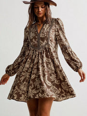 Plus Size Printed Notched Long Sleeve Dress