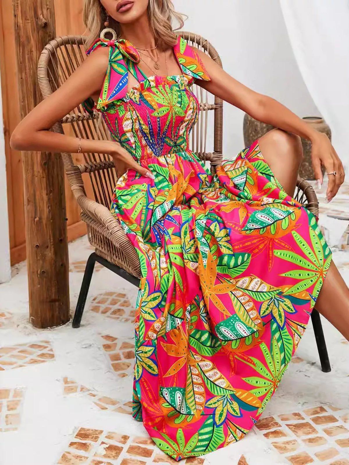Tropical Print Smocked Tie-Strap Dress