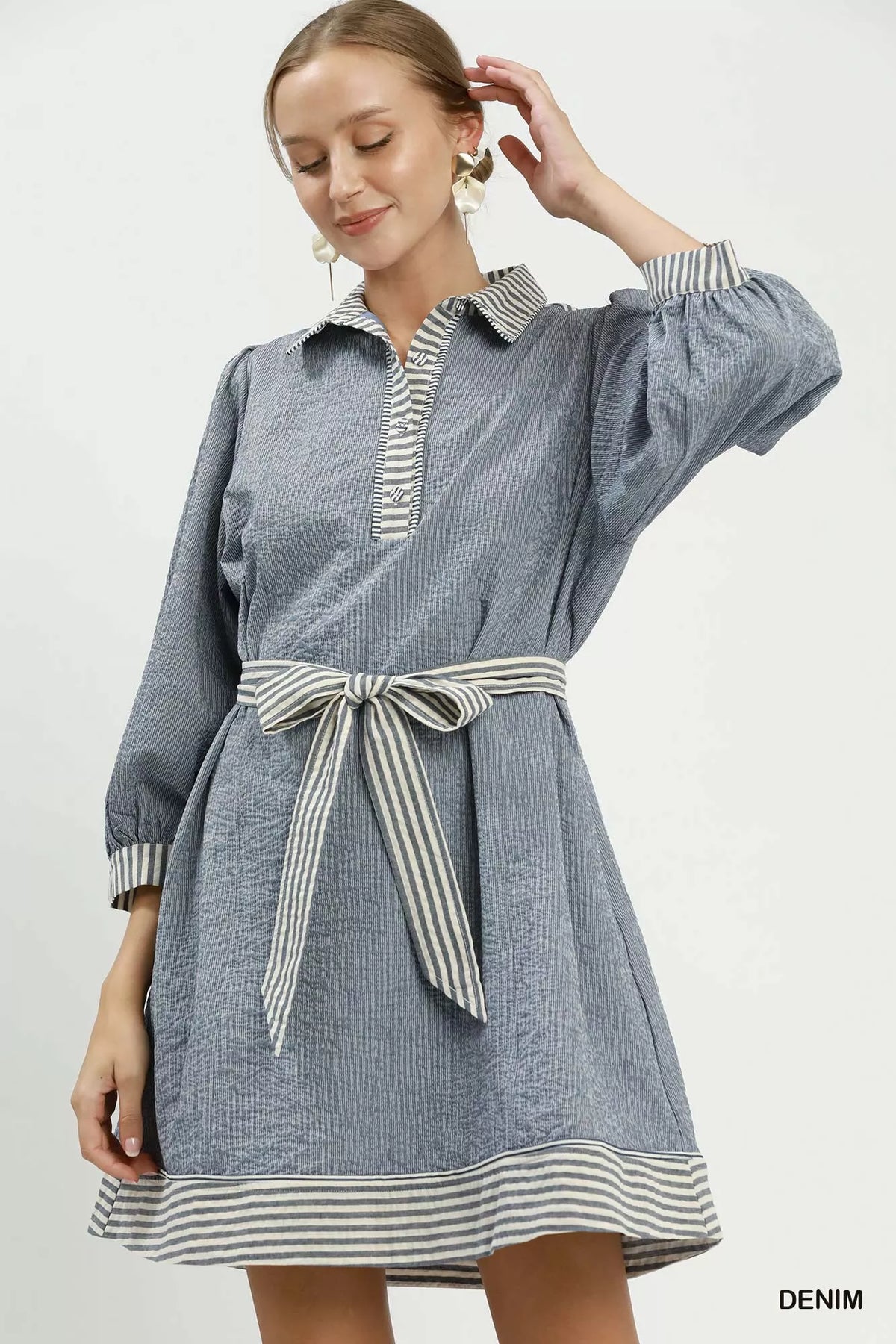 Umgee Striped Contrast Belted Puff Sleeve Mini Dress
