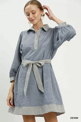Umgee Striped Contrast Belted Puff Sleeve Mini Dress