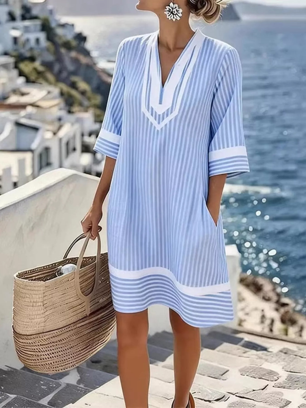 Full Size Striped V-Neck Casual Dress Plus Size