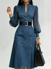 Denim Midi Dress with Sheer Sleeves