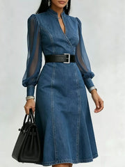 Denim Midi Dress with Sheer Sleeves